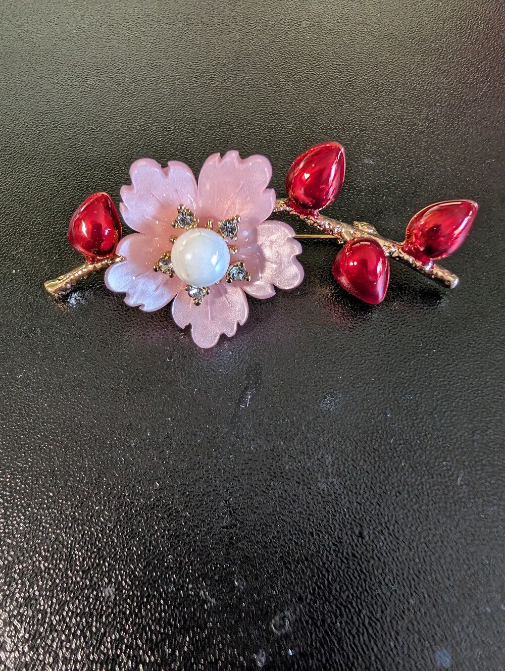 Pink Floral Pearl Accent Brooch with Red Buds